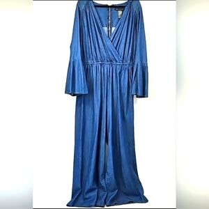 AS Dark‎ Blue Chambray Wide Leg Bell Sleeved Vneck Cross Front Jumpsuit